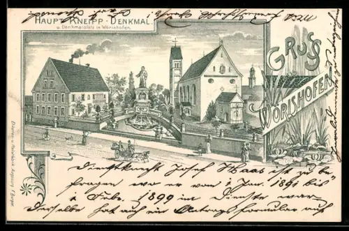 Lithographie Wörishofen, Haupt-Kneipp-Denkmal & Denkmalsplatz