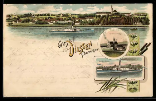 Lithographie Diessen a. Ammersee, Dampfer Gisela, Klosteransicht, Bayerdiessen