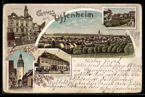 Lithographie Uffenheim, Gasthof zur Post, Würzburger Tor, Zwinger Turm und Kgl. Forstamt