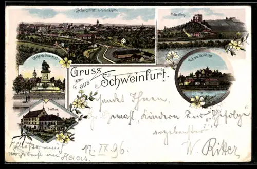 Lithographie Schweinfurt, Saalbau, Markt mit Rückert-Denkmal, Peterstirn