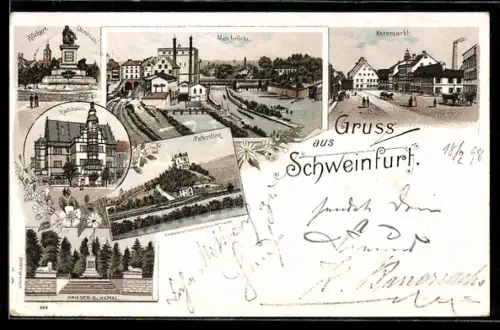 Lithographie Schweinfurt, Rathhaus, Maxbrücke aus der Vogelschau, Kornmarkt