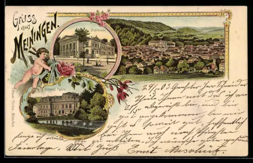 Lithographie Meiningen, Hoftheater, Herzogl. Palais