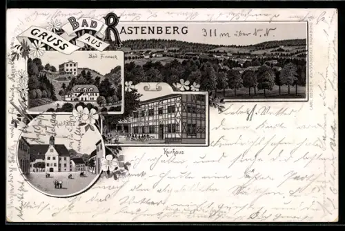 Lithographie Bad Rastenberg, Kurhaus, Rathaus, Bad Finneck