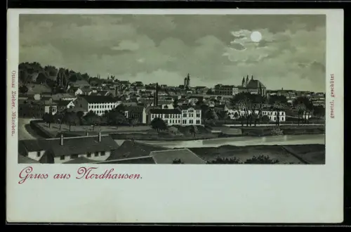 Mondschein-Lithographie Nordhausen, Ortsansicht im Vollmondlicht