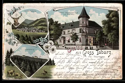 Lithographie Gross Tabarz /Th., Hotel Deutscher Hof R. Rau, Inselsberg, Gesamtansicht, Hirsch