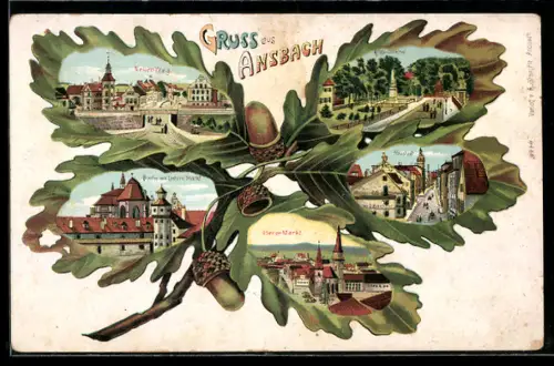 Passepartout-Lithographie Ansbach, Oberer Markt, Kriegerdenkmal, Neuer Weg, Eichenblatt