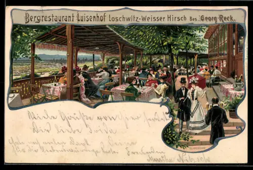 Lithographie Dresden-Weisser Hirsch, Bergrestaurant Luisenhof, Bes. Georg Reck, Sitze auf der Terrasse