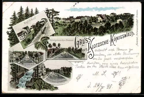 Lithographie Dresden-Klotzsche-Königswald, Querweg, Königsbrücker Strasse, Bahnhof-Strasse