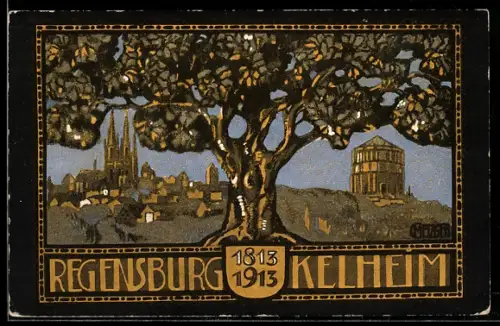 Künstler-AK Regensburg, Jahrhundertfeier 1913, Durchblick zum Ort