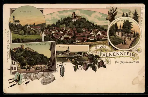 Lithographie Falkenstein / Bayerischer Wald, Gasthof Klause, Marktplatz mit Park und Burg, Arrach