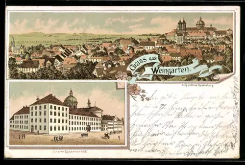 Lithographie Weingarten, Innerer Kasernenhof, Blick auf den Ort