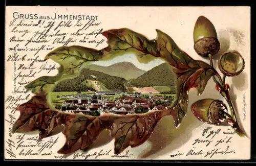 Passepartout-Lithographie Immenstadt, Teilansicht im Eichenblatt