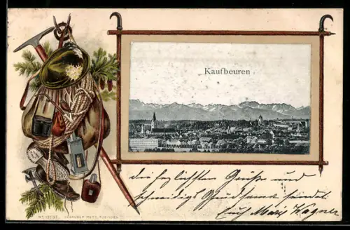 Passepartout-Lithographie Kaufbeuren, Ortsansicht mit Bergpanoramaa, Wanderrucksack