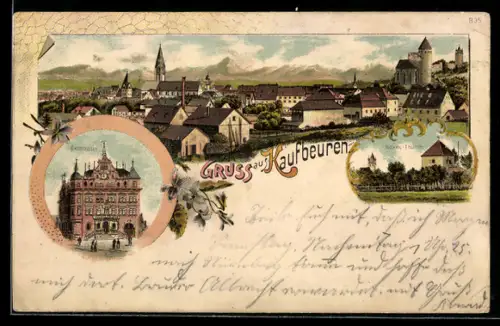 Lithographie Kaufbeuren, Ortsansicht mit Rathaus und Hexen-Thurm