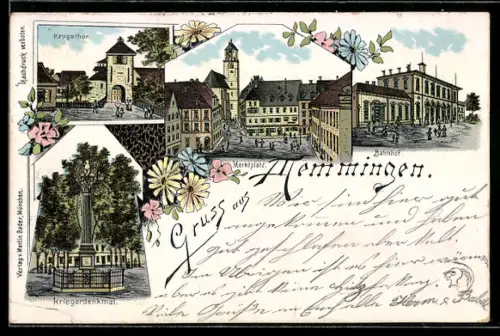 Lithographie Memmingen, Kriegerdenkmal, Krugsthor, Marktplatz, Bahnhof