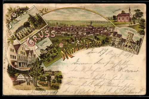 Lithographie Mindelheim, Eichkapelle, Mayenbad, Einlasstor