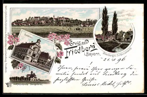 Lithographie Friedberg i. Bayern, Rathhaus, Wallfahrtskirche Herrgottsruh, Unterberg m. Schlossansicht