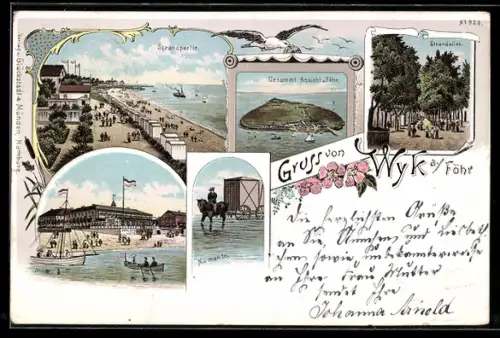 Lithographie Wyk a. Föhr, Strandpartie und Strandallee, Gesamtansicht