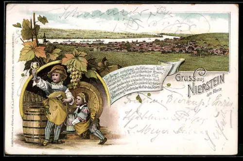 Lithographie Nierstein am Rhein, Panorama des Ortes und Menschen im Weinkeller