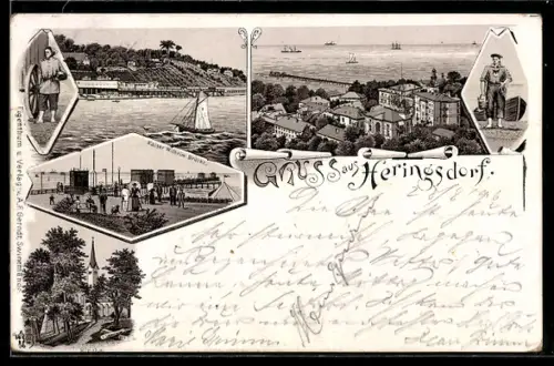 Lithographie Heringsdorf, Teilansicht des Ortes vom Wasser aus, Kaiser Wilhelm-Brücke und Kirche