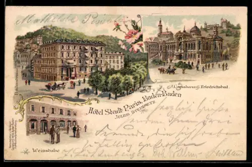 Lithographie Baden-Baden, Hotel Stadt Paris, Grossherzogl. Friedrichsbad