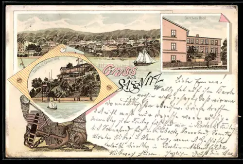 Lithographie Sassnitz, Böttchers Hotel, Pavillon, Teilansicht