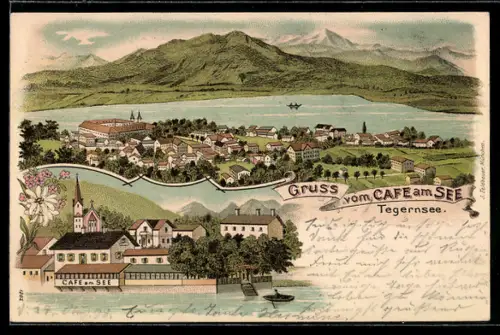 Lithographie Tegernsee, Cafe am See, Panoramamit Ort und See
