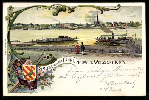 Lithographie Weissenthurm, Fähre, Ortsansicht vom Ufer aus, Wappen