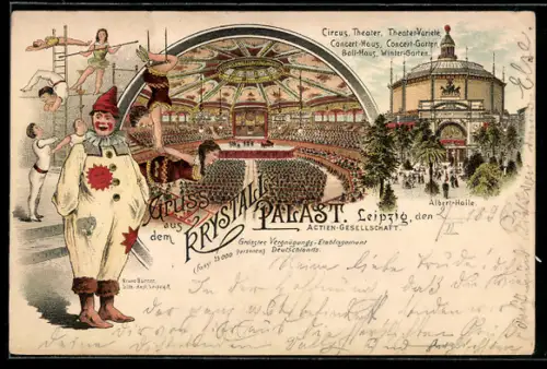 Lithographie Leipzig, Partie im Vergnügungs-Etablissement Krystall-Palast mit Akrobatinnen und Clown