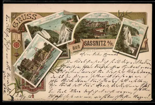 Vorläufer-Lithographie Sassnitz a. R., 1895, Teilansicht vom Fährenberg, Wissower Klinken, Schlucht von Stubbenkammer