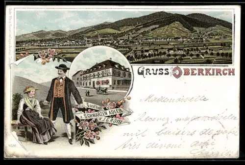 Lithographie Oberkirch / Baden, Gasthof Zum schwarzen Adler, Teilansicht, Paar in Tracht