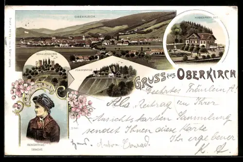 Lithographie Oberkirch, Ortsansicht, Fürsteneck, Schauenburg, Haber`sches Gut, Frau in Renchthal-Tracht, Ortsansicht
