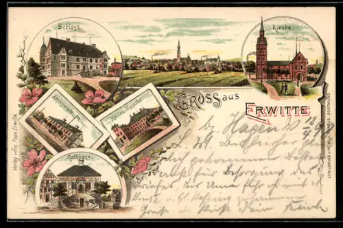 Lithographie Erwitte, Kirche, Schloss, Amtsgericht, Marien-Hospital, Rathhaus