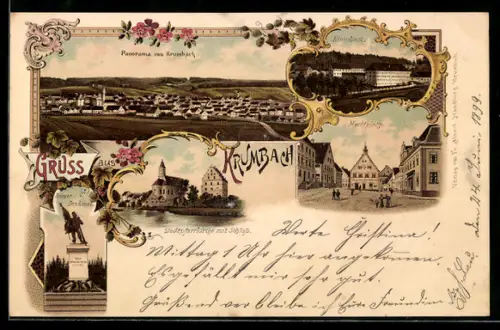 Lithographie Krumbach, Kriegerdenkmal, Stadtpfarrkirche mit Schloss, Krumbad