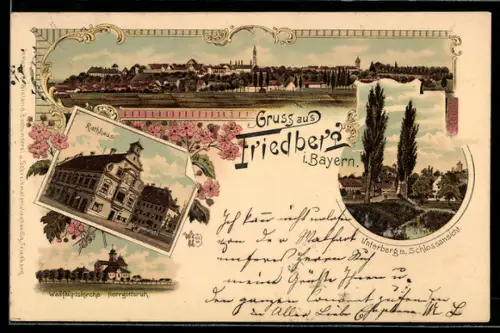 Lithographie Friedberg i. Bayern, Rathaus, Wallfahrtskirche Herrgottsruh