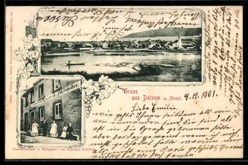 AK Detzem a. Mosel, Totalansicht mit Kirche vom Wasser aus, Gasthaus von Nikolaus Scholtes