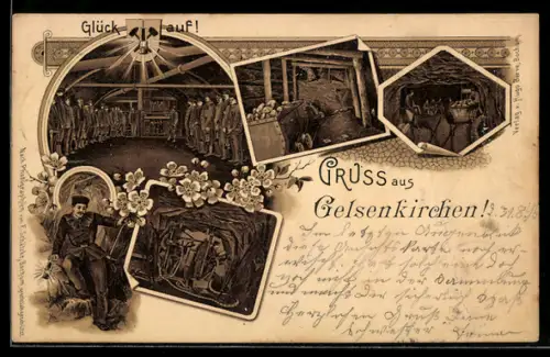 Lithographie Bochum, Kumpel im Bergwerk, Bergmann beim Kohleabbau