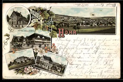 Lithographie Höhr, Hotel Müllenbach, Keramische Fachschule, Bahnhof