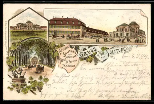 Vorläufer-Lithographie Solitude bei Stuttgart, 1894, Hotel und Pension von Th. Kreisser und Ortspartie