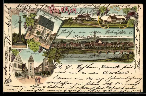 Lithographie Volkach, Obere Hauptgasse, Rathaus mit Brunnen, Gesamtansicht