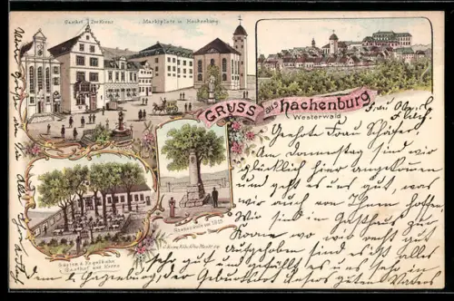 AK Hachenburg /Westerwald, Gasthaus zur Krone, Partie am Marktplatz und Grenzsäule von 1815
