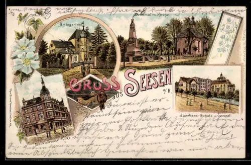 Lithographie Seesen, Amtsgericht, Marktstrasse, Denkmal mit Kirche