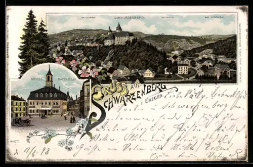 Lithographie Schwarzenberg i. Erzgeb., Hôtel Ratskeller, Panorama mit Schwarzenberg, Galgenberg & Todtenstein
