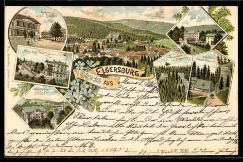 Lithographie Elgersburg, Totalansicht, Hotel Victoria und Kurhaus mit dem Badehaus