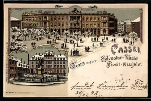 Winter-Lithographie Cassel, Ortspartie mit Postgebäude und Spohr-Denkmal