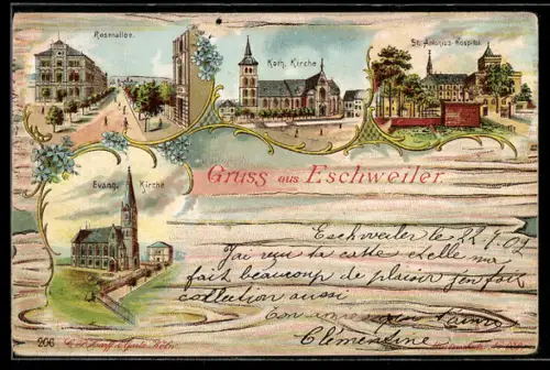 Lithographie Eschweiler, Evangelische und katholische Kirche, St.-Antonius-Hospital und Rosenallee