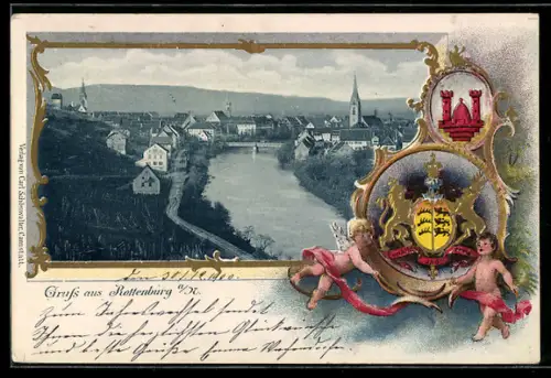 Passepartout-Lithographie Rottenburg a. N., Ortspanorama und Ortswappen