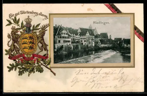 Präge-AK Riedlingen, Ortspartie mit Wappen des Königreichs Württemberg