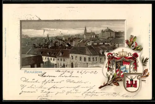 Passepartout-Lithographie Pirmasens, Ortsansicht und Stadtwappen