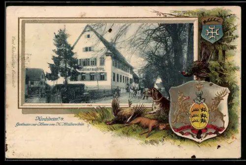 Passepartout-Lithographie Kirchheim u. T., Gasthaus zur Krone v. H. Müllerschön, Wappen